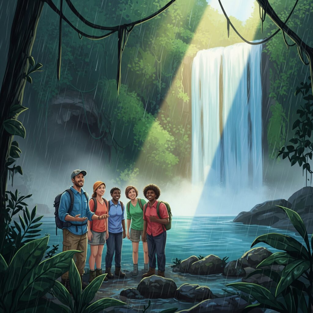 Group of happy hikers standing near a waterfall in Belize during rainy season
