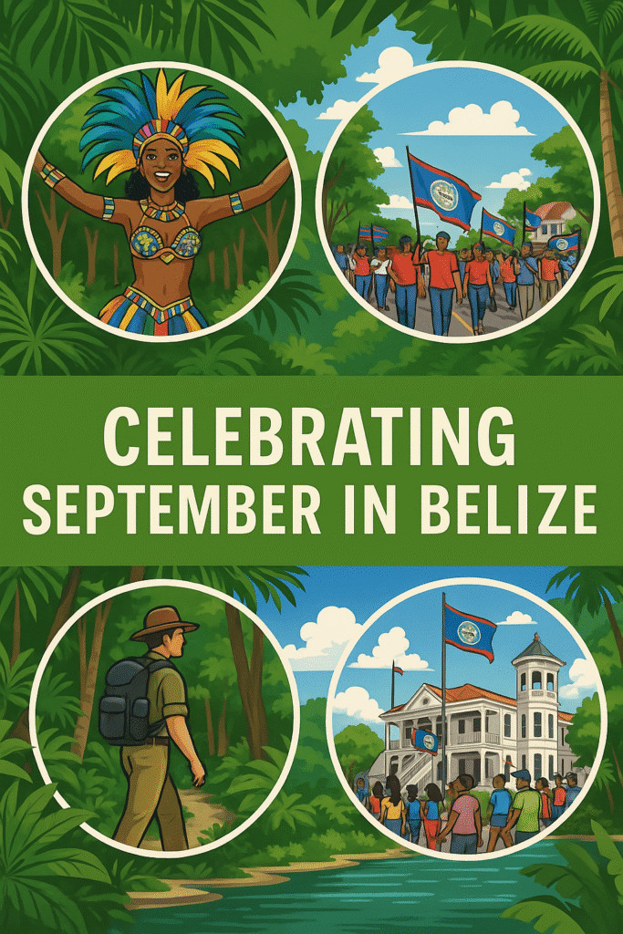 Illustration of Carnival dancers, September Independence parade, jungle tour, and Belizean landmarks representing September celebrations in Belize.