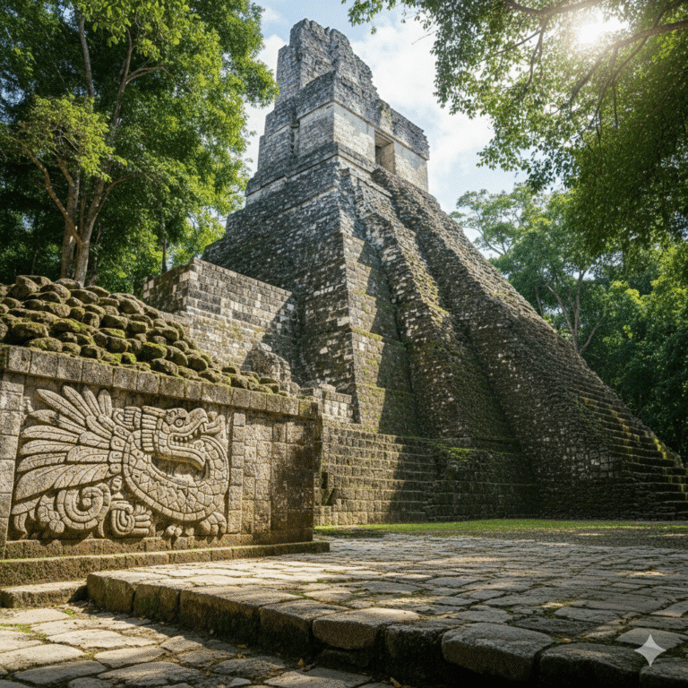 Ancient Maya temple with intricate carved frieze amidst the lush Tikal jungle.